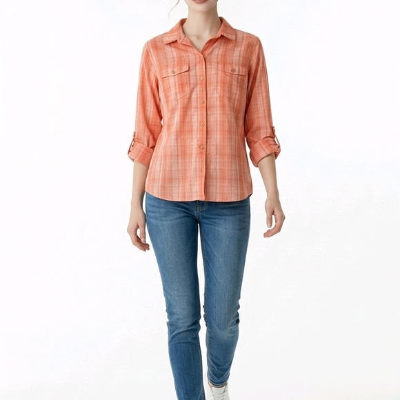 Eddie Bauer Tops - Eddie Bauer Orange Plaid Button-Down Shirt